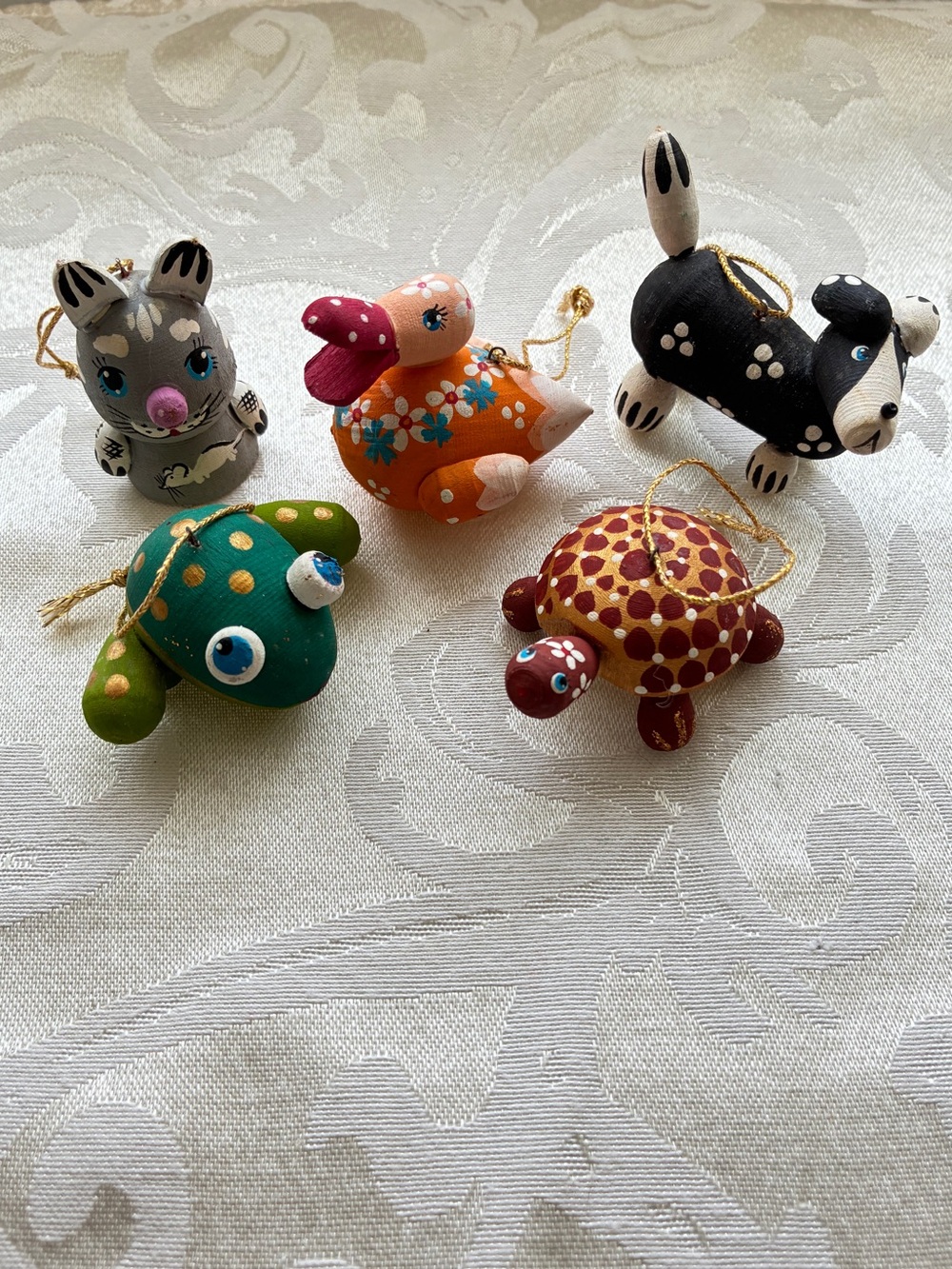 Vintage Hand-Painted Wooden Animal Holiday Ornaments — Set of 5